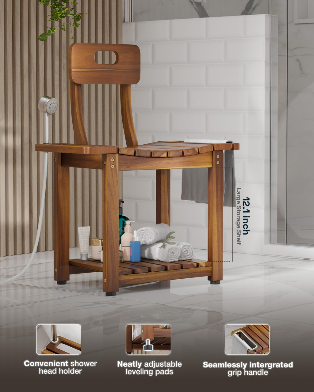 BLUEWEST 23.4'' Shower Chair with Backrest Bath Chair for Inside Shower or Tub, Heavy Duty 450 lbs Support, Non-Slip Feet, Shelf Storage, Built-in Handles for Elderly or Adults (Acacia)