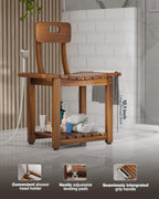 BLUEWEST 23.4'' Shower Chair with Backrest Bath Chair for Inside Shower or Tub, Heavy Duty 450 lbs Support, Non-Slip Feet, Shelf Storage, Built-in Handles for Elderly or Adults (Acacia)