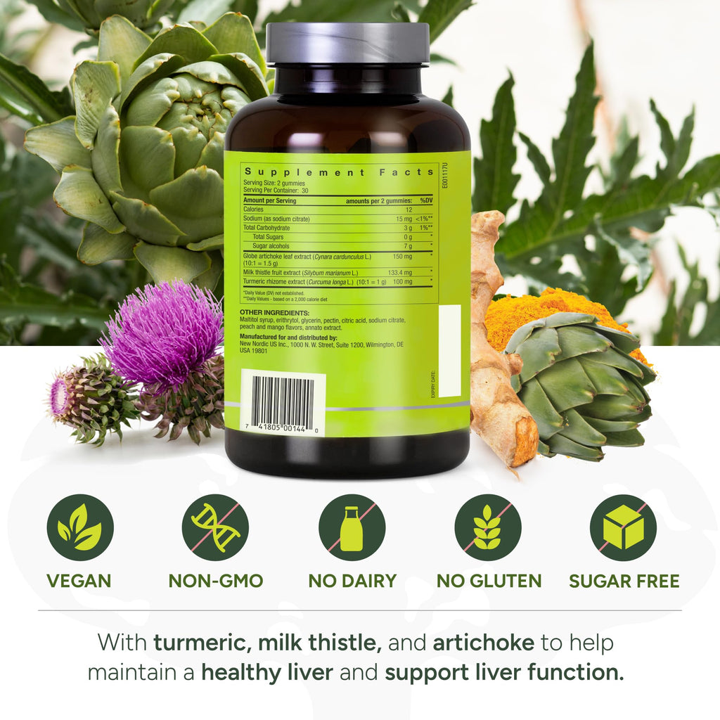 New Nordic Active Liver Gummies, Milk Thistle, Artichoke & Turmeric Supplement, Natural Peach & Mango Flavor, Sugar Free & Vegan, 60 Count (Pack of 3)
