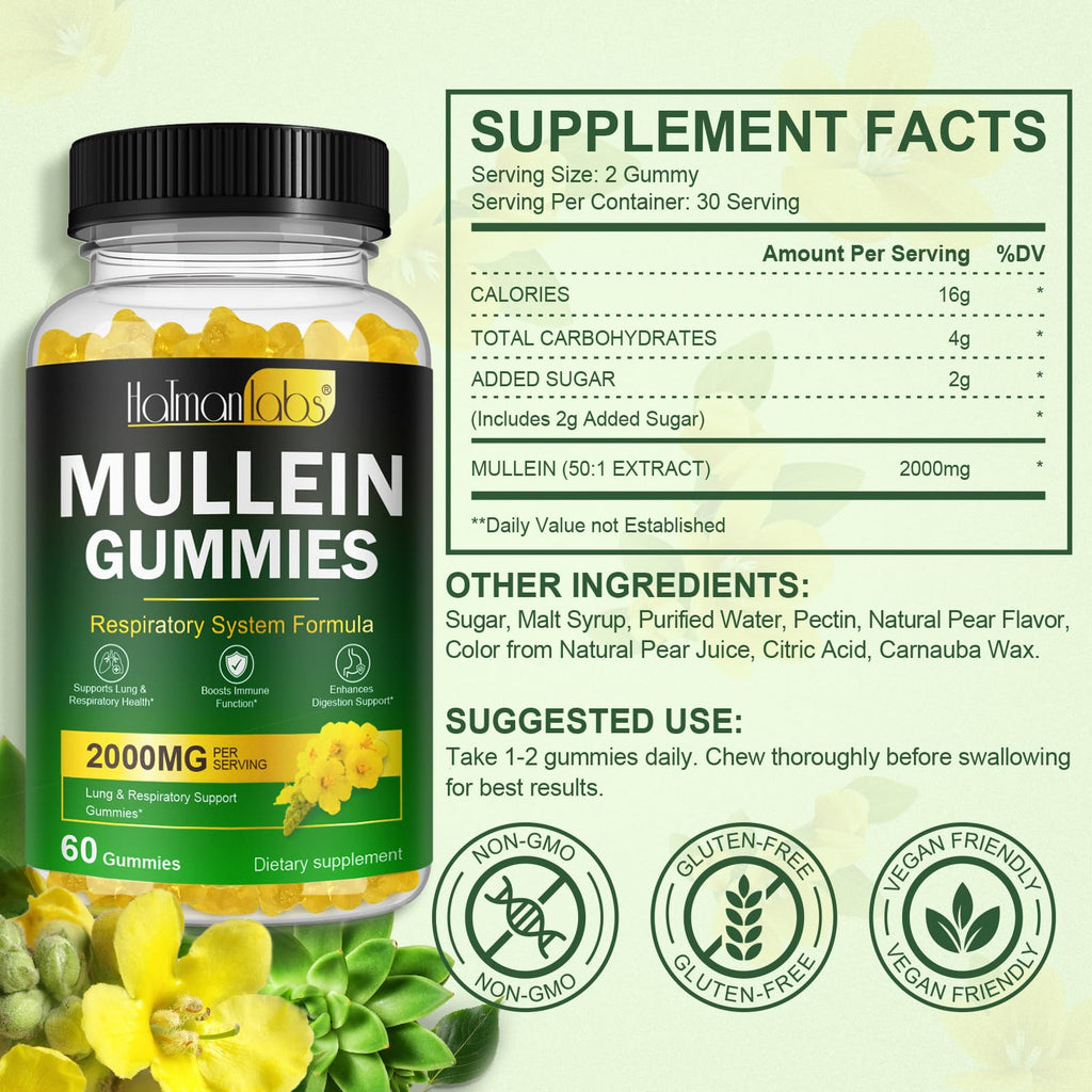 Mullein Gummies for Lungs, Mullein Extract for Smokers - Support Lung & Respiratory Health, Soothes Throat Irritation, Boost Immune - Mullein Leaf Extract for Lungs, Breathe Easier (2 Pack)