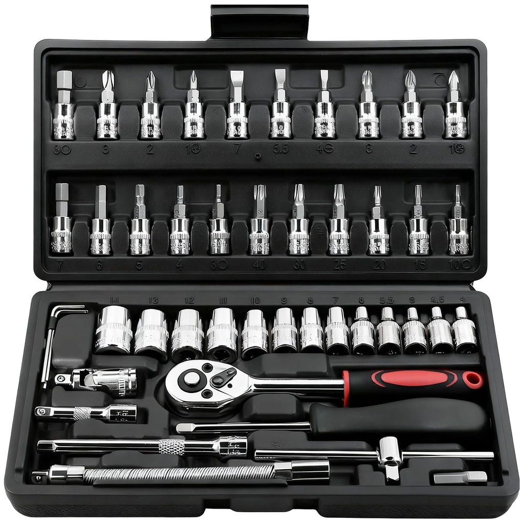 Egofine 46 Pieces 1/4 inch Drive Socket Ratchet Wrench Set, with Bit Socket Set Metric and Extension Bar for Auto Repairing and Household, with Black Storage Case