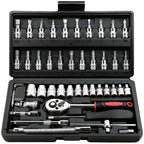 Egofine 46 Pieces 1/4 inch Drive Socket Ratchet Wrench Set, with Bit Socket Set Metric and Extension Bar for Auto Repairing and Household, with Black Storage Case