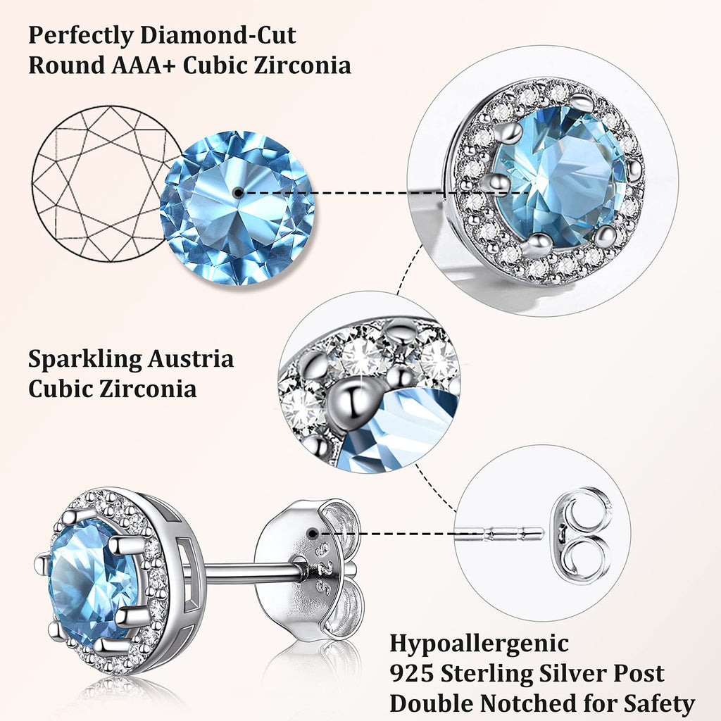 Bestyle 925 Sterling Silver Love Round Cubic Zirconia Earrings March Aquamarine Birthstone Stud Earrings for Women, Hypoallergenic Earrings for Sensitive Ears