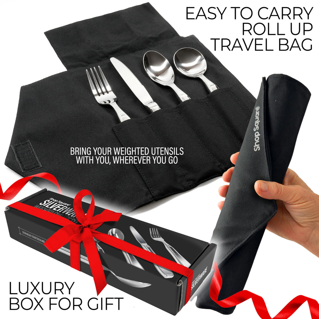Weighted Utensils for Hand Tremors and Parkinson's Patients - 4 Piece Set Weighted Silverware for Elderly, Arthritis, Weak Hand Grip - Convenient Travel Bag, Stainless Steel, 7 Oz