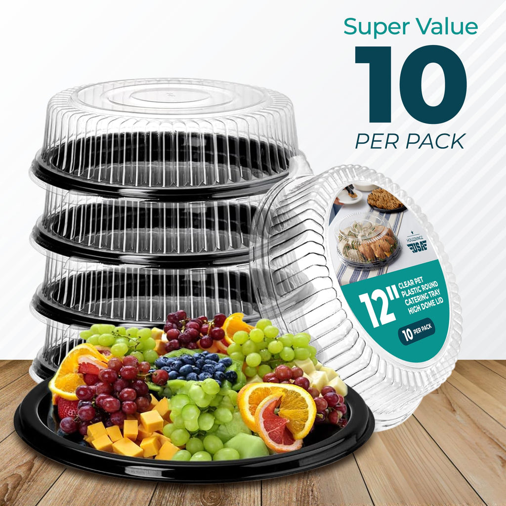 12" Catering Trays with Lids [10 Pack], Black Serving Tray with Clear Lid, Plastic Disposable Round Party Trays and Platters, Flan Containers with Lids, Dessert Sandwich Cookie Food Trays for Parties