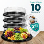 12" Catering Trays with Lids [10 Pack], Black Serving Tray with Clear Lid, Plastic Disposable Round Party Trays and Platters, Flan Containers with Lids, Dessert Sandwich Cookie Food Trays for Parties