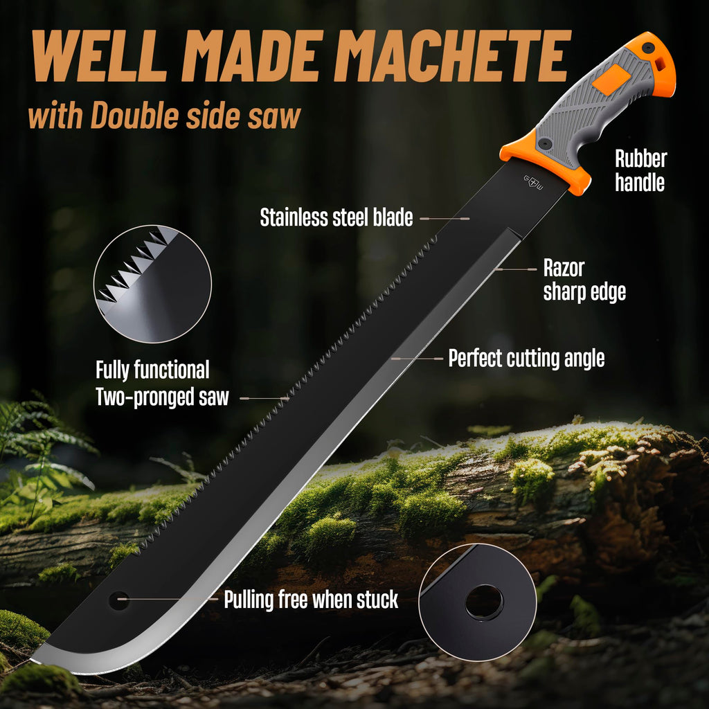 Machete with Saw - 25" Heavy Duty Tool & Sheath - Ergonomic No-Slip Handle - Survival Knife with Serrated Blade - Machetes for Bushcraft Hunting Garden Cutting Trees Yard Work 13153