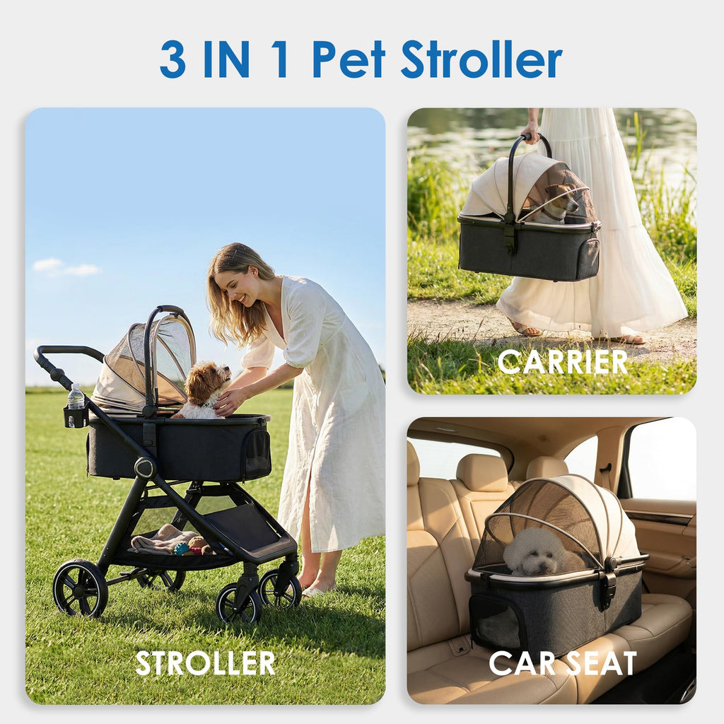 KAVELLIN Pet Stroller for Small/Medium Dogs, Foldable Dog Stroller with Detachable Carrier,3 in 1 Pet Stroller for Dogs Cats up to 50 lbs, Cup Holders,Easy Assembly, Khaki