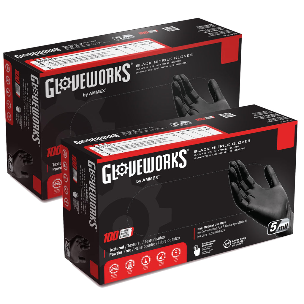GLOVEWORKS Black Nitrile Gloves 5 Mil Disposable for Food Service, Cooking, Professional Cleaning, Size XXL, 2 Boxes of 100