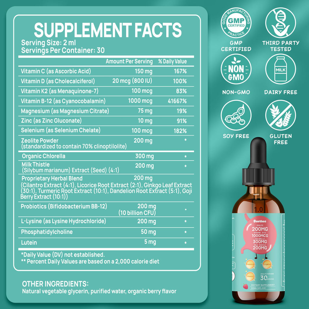 200mg Zeolite Detox for Kids & Adults, 20-in-1 Herbal Liquid with 300mg Chlorella, 200mg Milk Thistle, Cilantro, Vitamins & Probiotics Supports Speech, Cleanse, Immune & Gut Health, Berry Flavor, 60ML