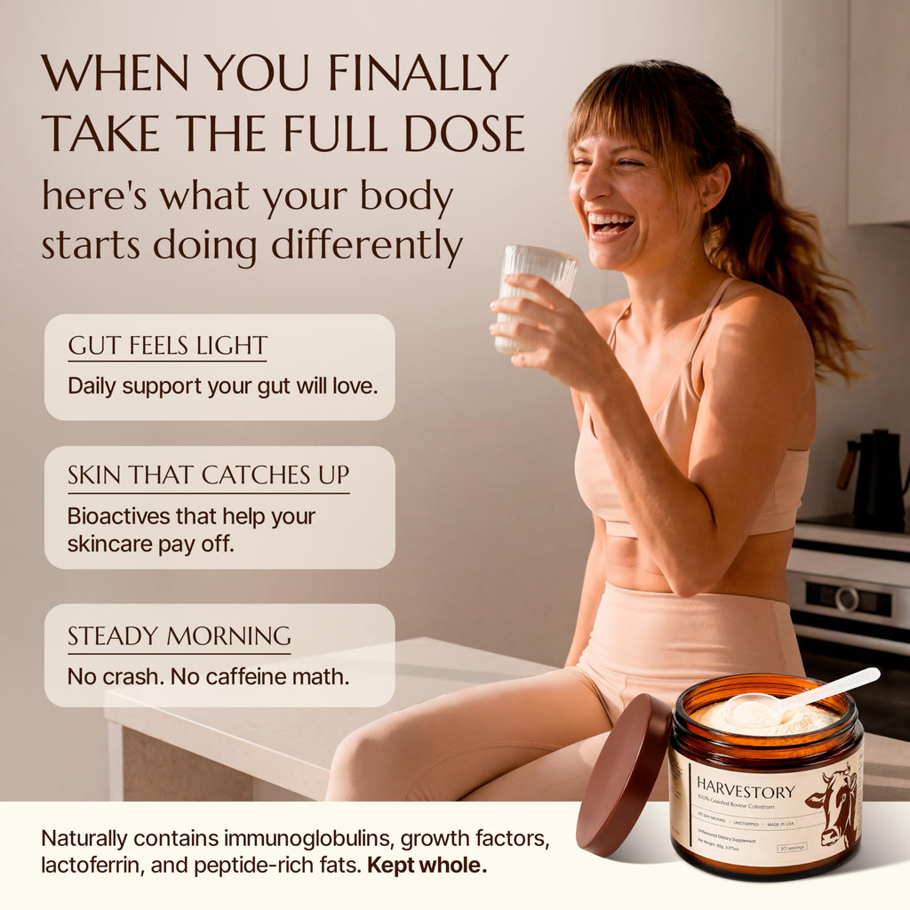 Harvestory Grass-Fed Bovine Colostrum Powder - First-Day Milking, Unstripped Full-Fat - Supports Gut Health, Immunity, Skin & Hair - Unflavored, Non-GMO, Made in USA, 30 Servings