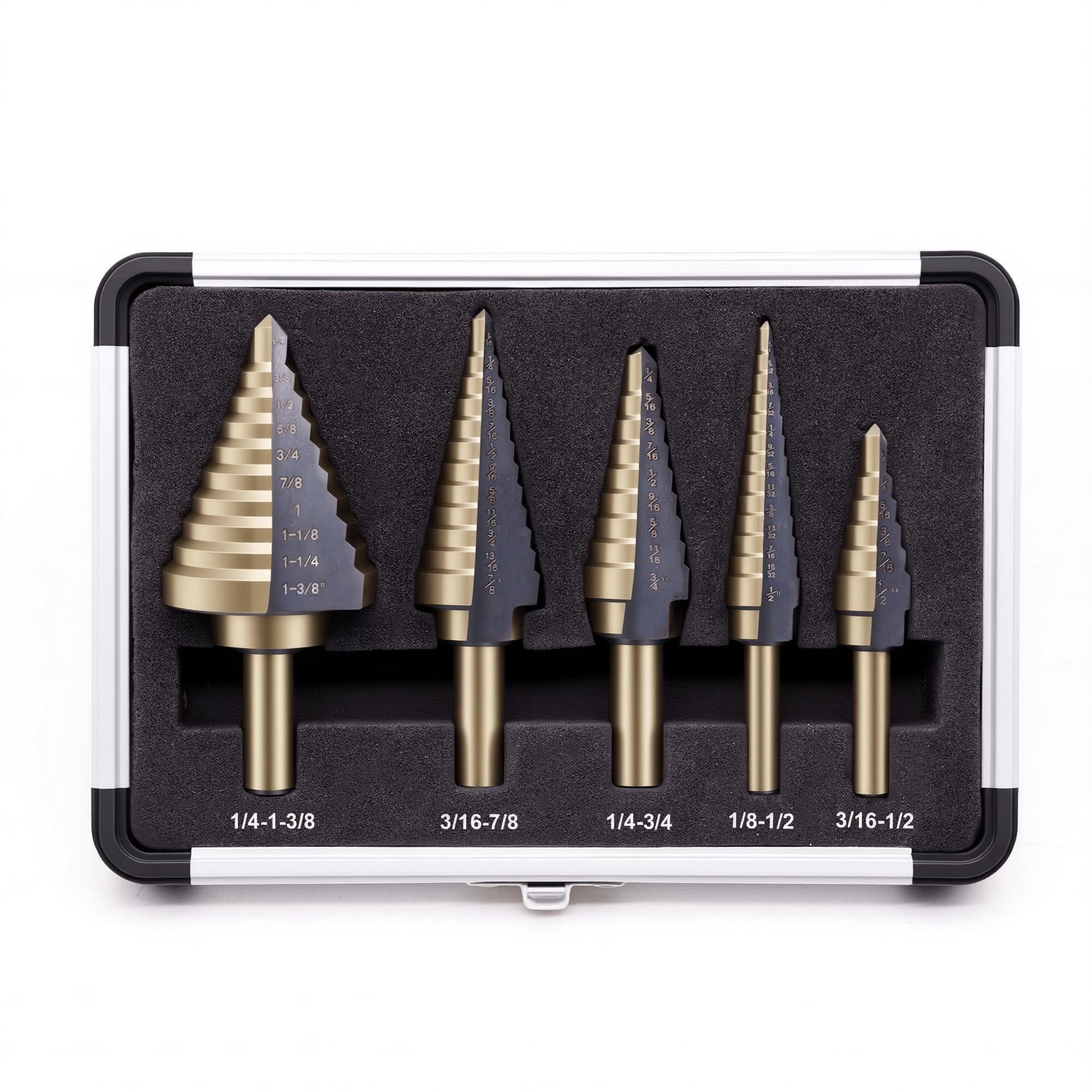 OSTTE Step Drill Bit Set 5PCS, 50 Sizes HSS Titanium Coated Step Bits for Metal Stainless Steel Aluminum Iron Wood Plastic, with Aluminum Case