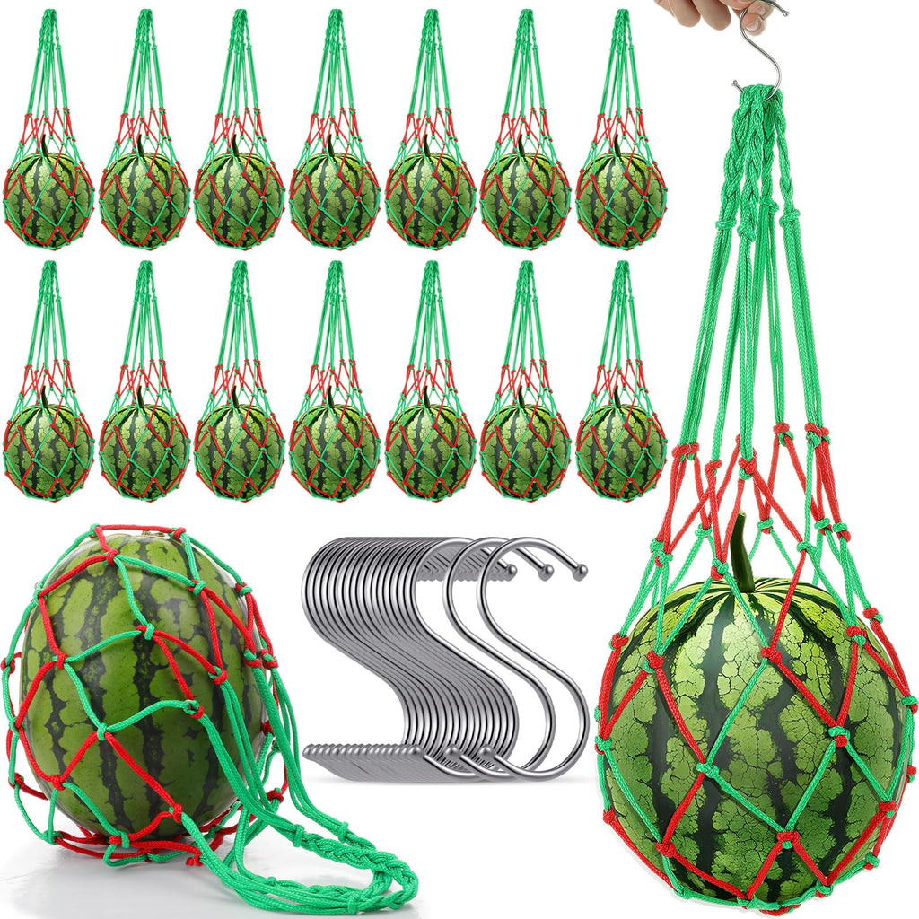 Irenare 15 Pack Melon Hammocks Cradles with S Hanging Hooks Heavy Duty Watermelon Hammock Net to Prevent Falling for Growing Cantaloupe Pumpkin Watermelon in Vertical Garden (Red,Green)