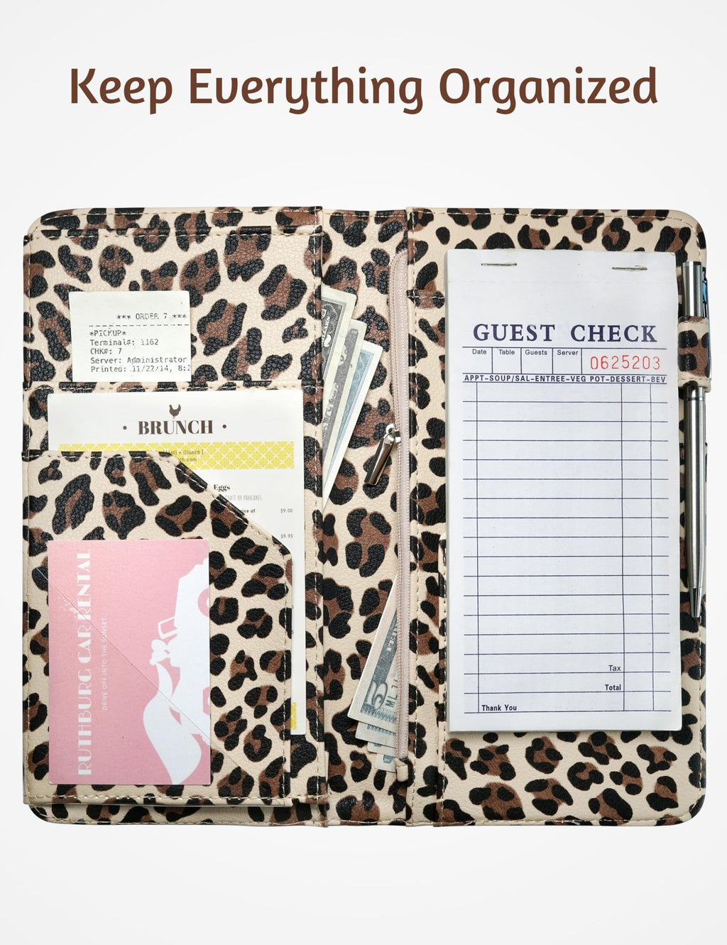 Server Book for Waitress with Zipper Pocket, Magnetic Pocket, Leopard