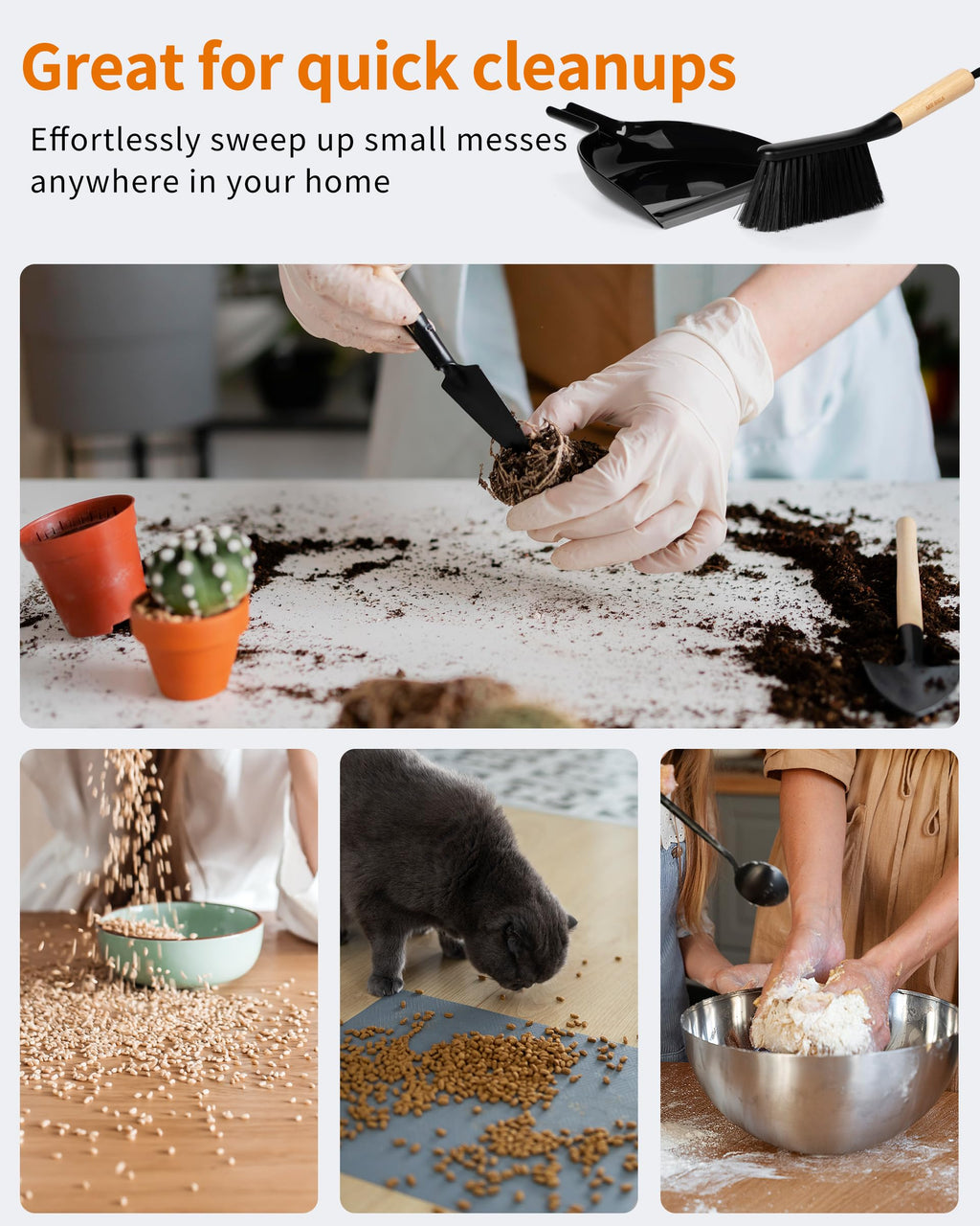 MR.SIGA Dustpan and Brush Set, Portable Cleaning Brush and Dustpan Combo with Bamboo Handle, Black, 1 Set