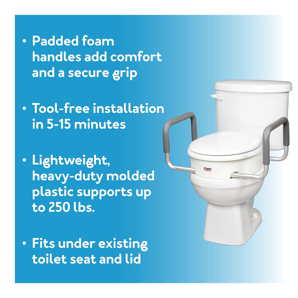 Carex 3.5 Inch Raised Toilet Seat with Arms, Elongated Toilet Seat Riser, Up to 250 lbs Capacity, Elevating & Raising Seat for Elderly & Handicap, Universal, Slip-Resistant with Padded Handles, White