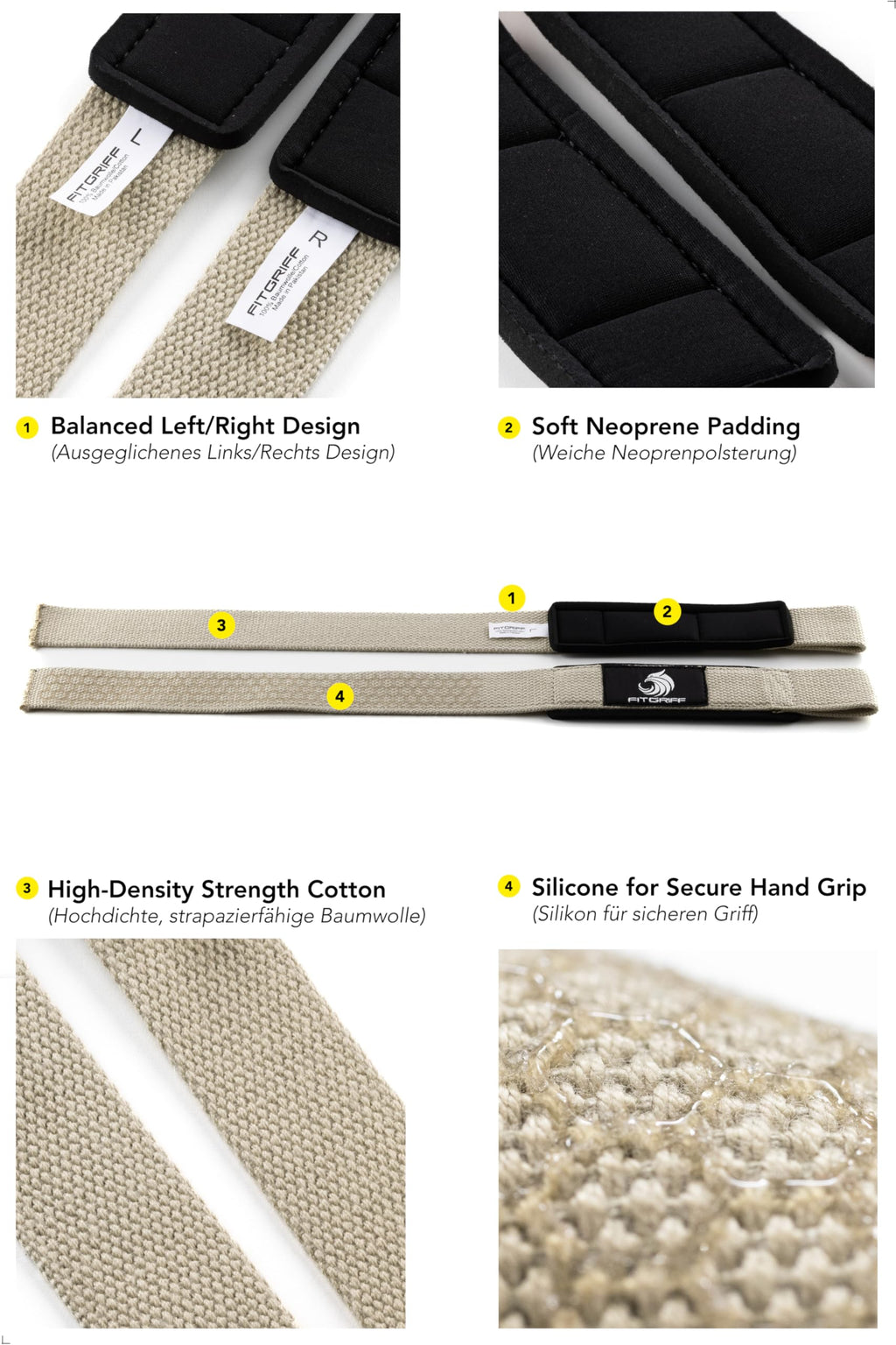 Fitgriff�� Lifting Wrist Straps for Weightlifting, Gym, Deadlift, Workout (Made of Premium Cotton & Padded) - Men & Women (Standard, Sand (Silicone-Grip))