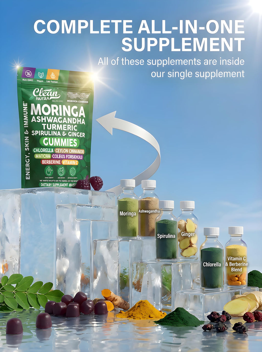 Clean Nutra Moringa Gummies | Pure Moringa Powder Supplement + Ashwagandha Turmeric Spirulina & Ginger Energy, Skin, Immune & Gut Health Green Superfood - Moringa Capsules Alternative
