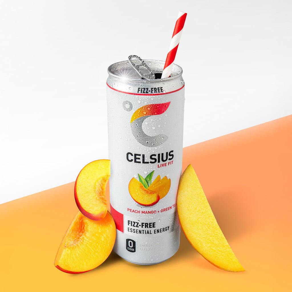 CELSIUS Fizz Free Peach Mango Green Tea, Sugar Free Energy Drink, 12 Fl Oz (Pack of 12)