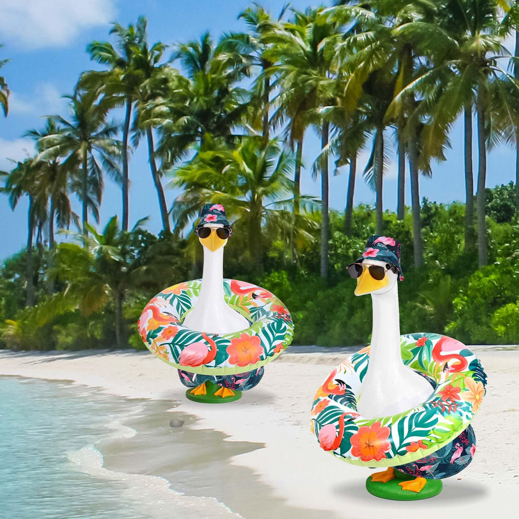 GANSHAYA Summer Goose Outfits Porch Goose Hawaiian Outfit 23 Inch Tropical Goose Clothes with Swim Trunks Sun Hat Sunglasses Swim Ring for Geese Statue Spring Summer Decor (Flamingo)