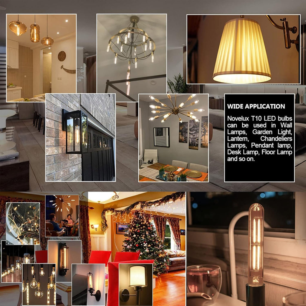 NOVELUX 7.3 Inch 3000K Warm White Edison Bulbs Equal 80 Watt, 800LM E26 Led Bulb 6W Dimmable, T10 T9 Long Tubular Clear Glass Light Bulbfor Vanity Pendant Chandeliers Wall Sconces - UL Cert 2Pack