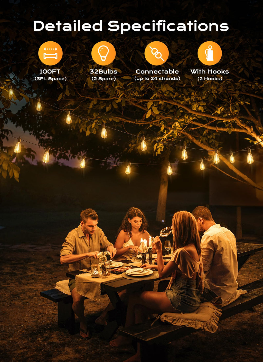 Brightown Outdoor String Lights Patio Lights 100FT ST38 Waterproof Dimmable