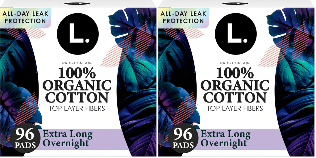 L. Ultra Thin Pads for Women, Overnight Absorbency, Organic Cotton Top Layer, Unscented Pads with Wings,96 Count (Pack of 2)