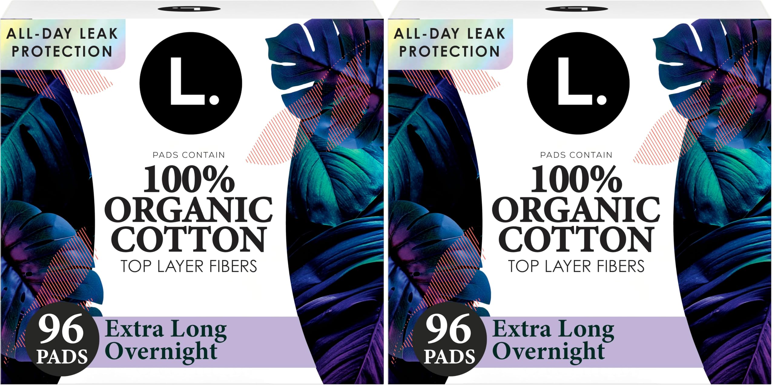 L. Ultra Thin Pads for Women, Overnight Absorbency, Organic Cotton Top Layer, Unscented Pads with Wings,96 Count (Pack of 2)