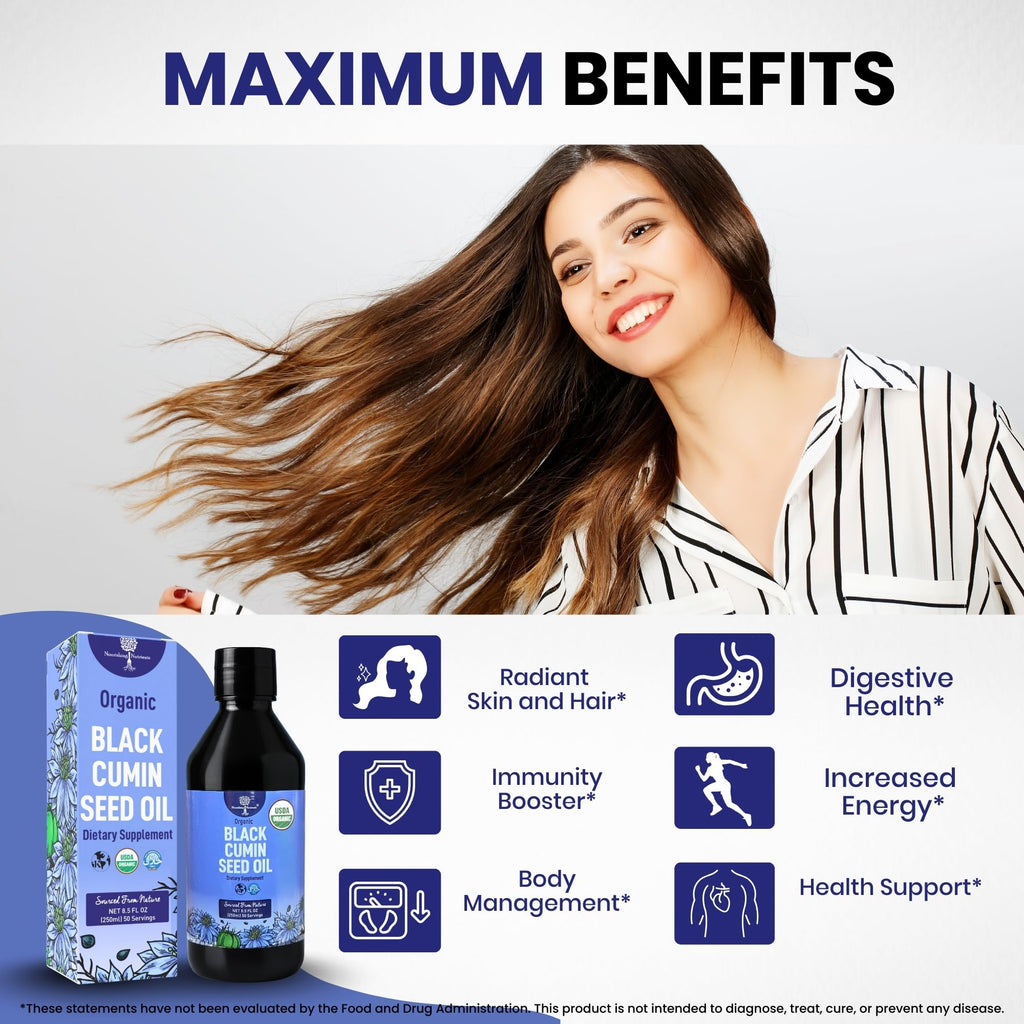 Organic Black Cumin Seed Oil-USDA-Cold Pressed –up to 6X Stronger Thymoquinone - Pure Nigella Sativa Cumin Seeds -Premium Supplement for Immune Support, Skin & Hair (8.5 fl oz)