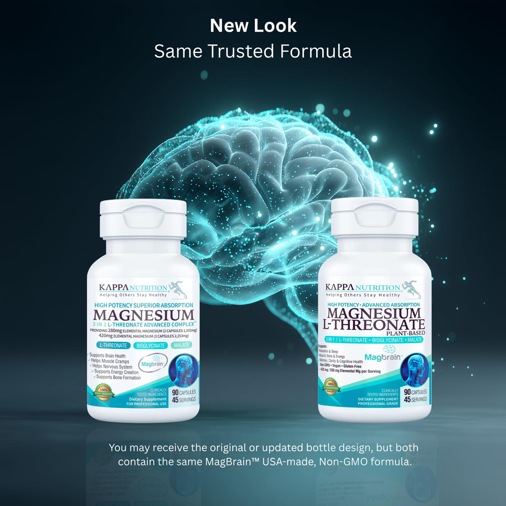 Kappa Nutrition Powered by Magbrain™ Magnesium L-Threonate Plant-Based, 90 Vegan Capsules, 420mg Elemental Magnesium (3 Capsules) from 2,253mg, Brain, Sleep & Muscle Support.