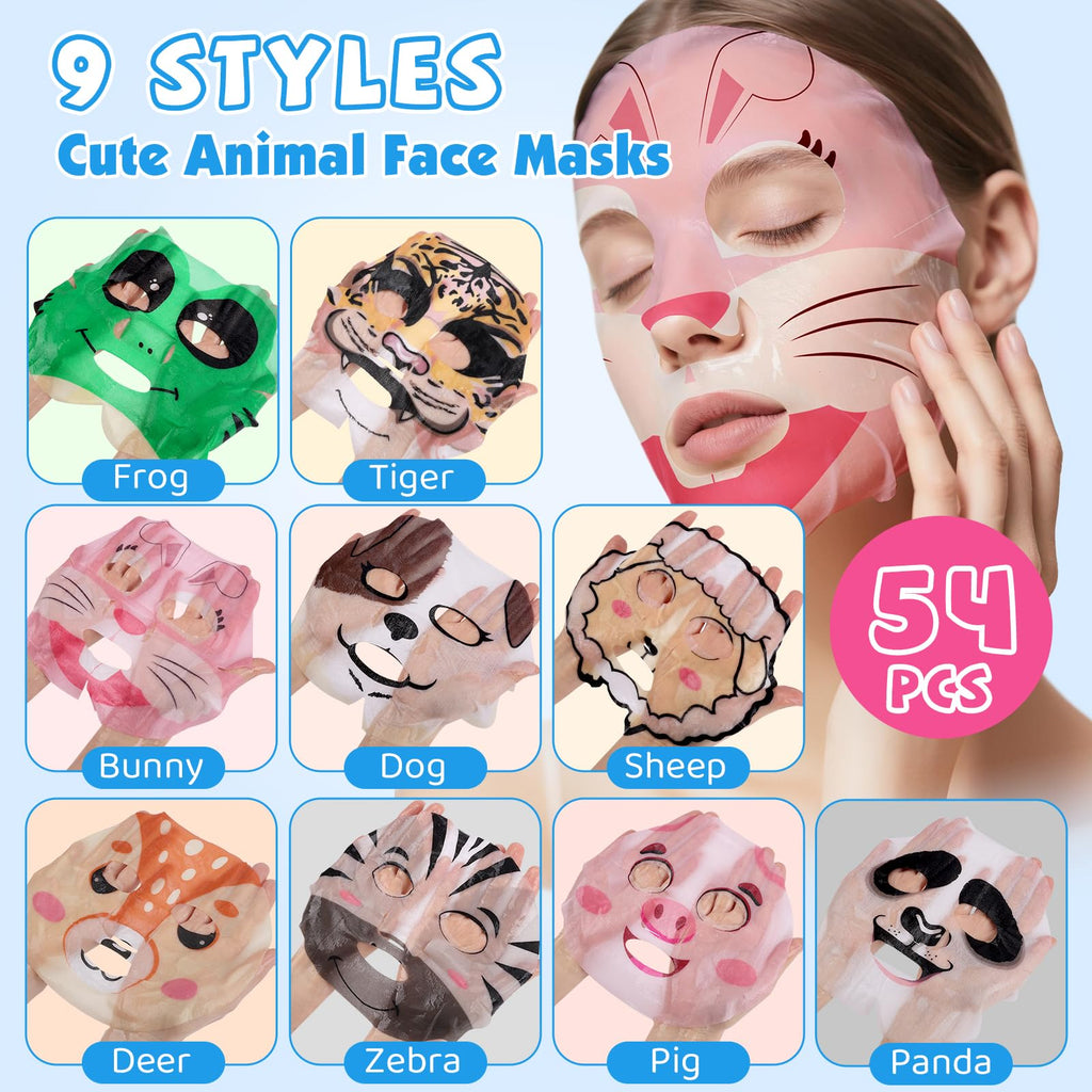 KONEUK 54 Pack Animal Kids Face Mask Spa, Bulk Collagen Hydrating Sheet Face Masks Skincare for Girls Teens, Easter Basket Stuffers, Birthday Gifts, Mothers Day Gifts for Mom