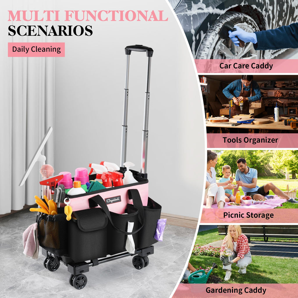 Chyaidach Rolling Cleaning Caddy, Cleaning Supplies Organizer with Trolley, Wearable Cleaning Tote Bag on Wheels with Hard Bottom, Cleaning Carts for Housekeepers/Home/Car/Office/Picnic (Pink)