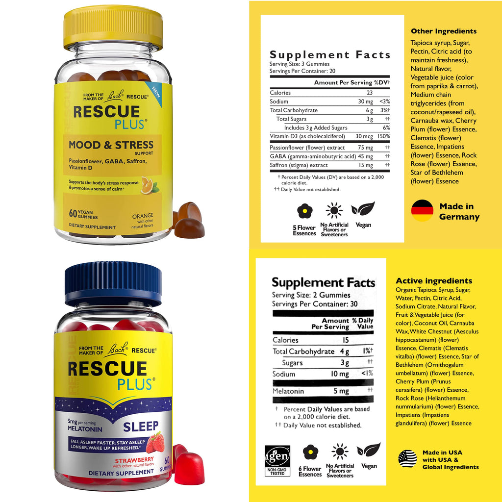 Bach RESCUE Plus Sleep Gummies with 5mg Melatonin/dose [and] Bach Plus Mood & Stress Support Gummies with Key Nutrients and Botanicals - 2PK Dietary Supplements, 60Ct Each