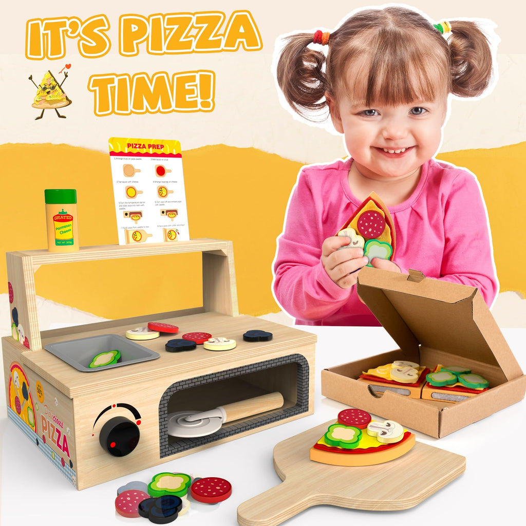 WOODMAM Wooden Pizza Toy, 48 PCS Montessori Pretend Play Food for Ages 3+