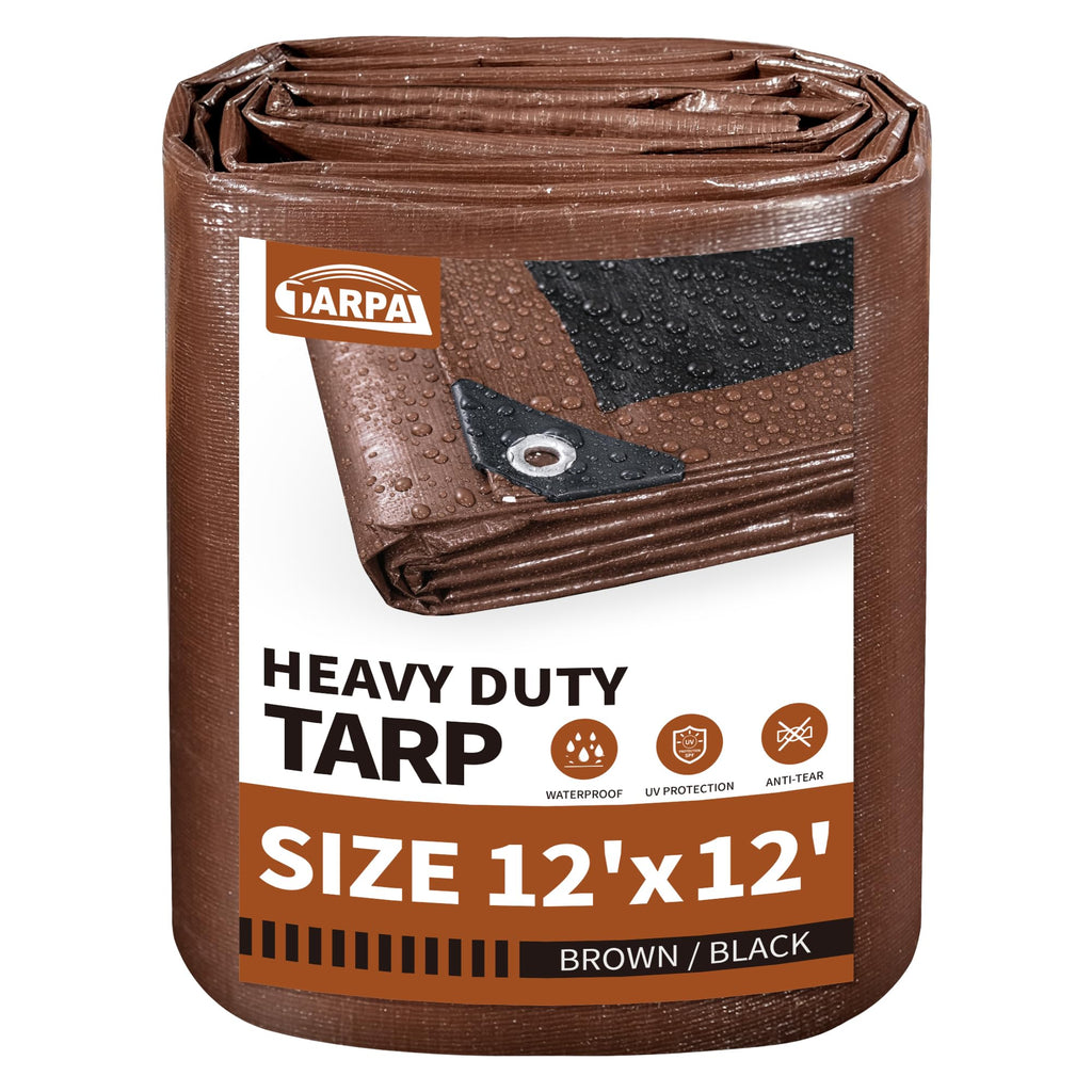 TARPAL Tarp 12x12 Feet Large Tarps Heavy Duty Waterproof 10mil Multipurpose Protective Cover Waterproof,Snow or UV Protection,Durable Reinforced Edges(Brown/Black)