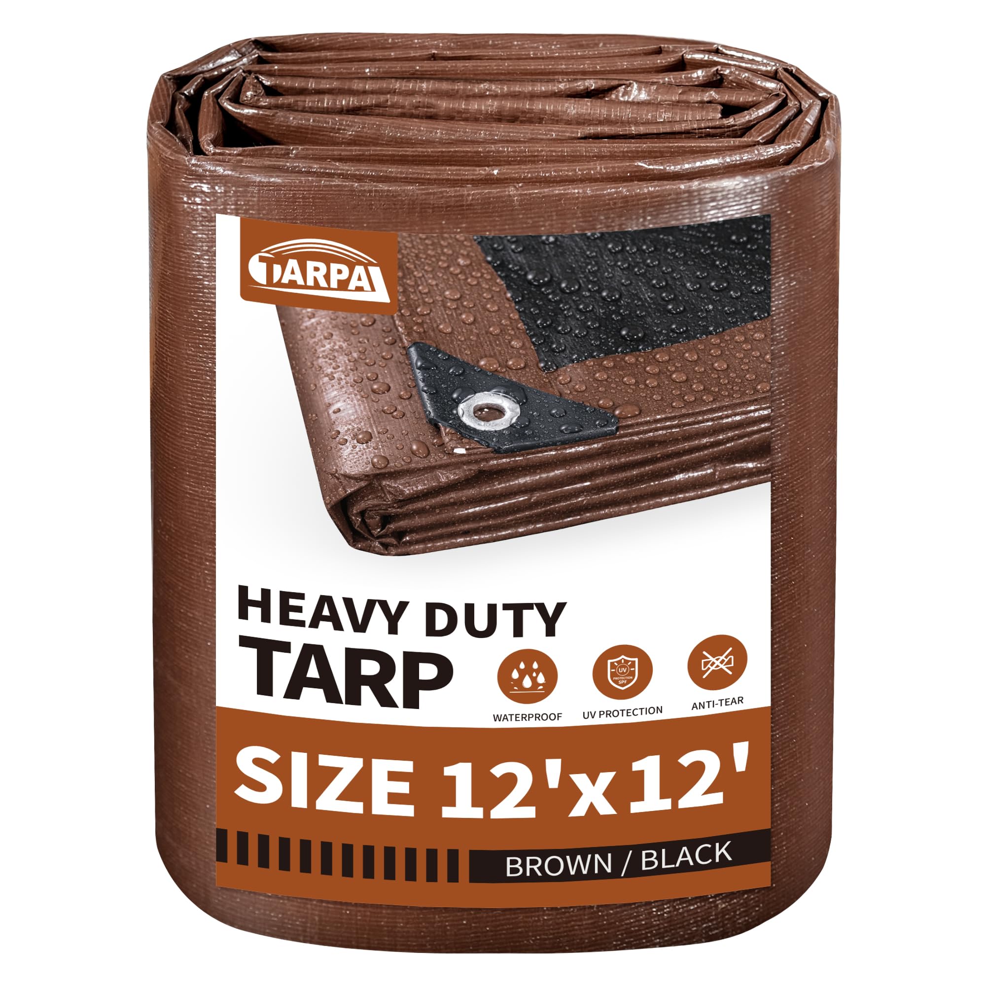 TARPAL Tarp 12x12 Feet Large Tarps Heavy Duty Waterproof 10mil Multipurpose Protective Cover Waterproof,Snow or UV Protection,Durable Reinforced Edges(Brown/Black)