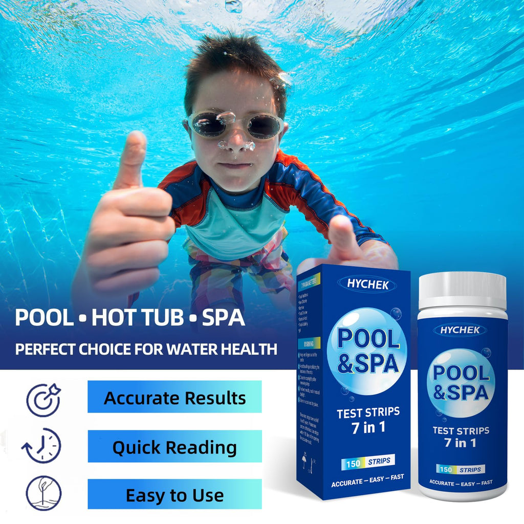 HYCHEK 7 in 1 Accurate Pool & Spa Test Strips, 150-Count Hot Tub Test Strips | Lab Recommended | Water Chemical Testing Kit for Bromine, Chlorine, pH, Hardness, More, Fast & Easy Test Way