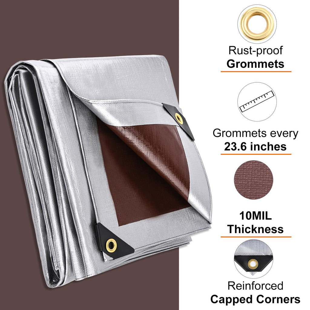 Patiobay Tarp 10x12 Feet, 10 Mil Waterproof Tarps Heavy Duty with Grommets Every 23.6", Thick Plastic Tarp, UV Resistant Tear&Fade Resistant, Reinforced Edges for Outdoor Pool Camp Tent