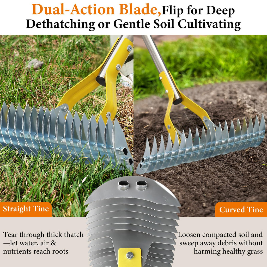Heavy Duty Thatch Rake for Lawns, 15" Dual-Sided Dethatching Rake with Sharp Steel Tines, Manual Dethatcher and Scarifier Tool for Dead Grass, Moss & Thatch Removal, 70" Adjustable Long Handle