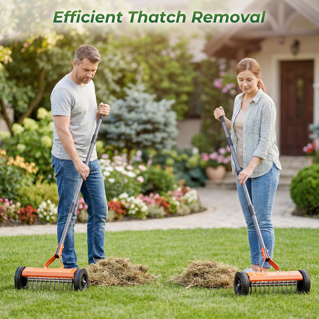 Walensee Manual Lawn Dethatcher Rake with Wheels, Adjustable Handle