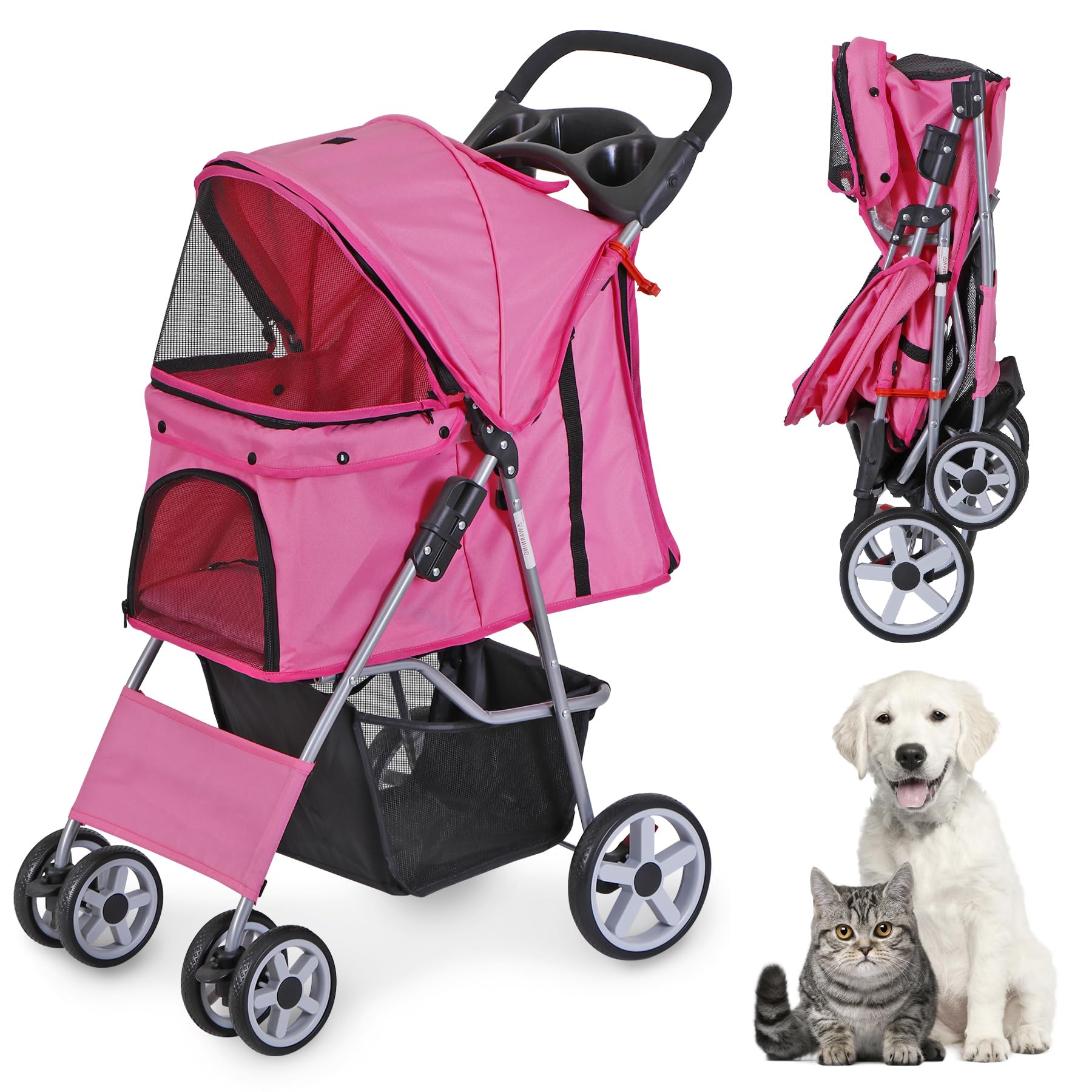 LEMY Foldable Pet Stroller,4 Wheels Cat/Dog Stroller with Weather Cover for Small/Medium Dogs and Cats,Pink Pet Strolling Cart with Storage Basket and Cup Holder