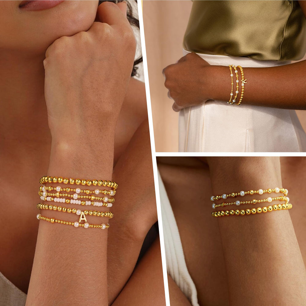 Turandoss 18K Gold Plated Beaded Initial Bracelet for Women Jewelry Gifts