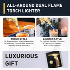 Dual Flame Butane Torch Gun - Refillable Luxury Hand Held Mini Blow Torch for Cooking, Creme Brulee, Soldering, Welding, & Resin Art - Adjustable Flame with Ignition Lock - Gold Brown by inZaynity®