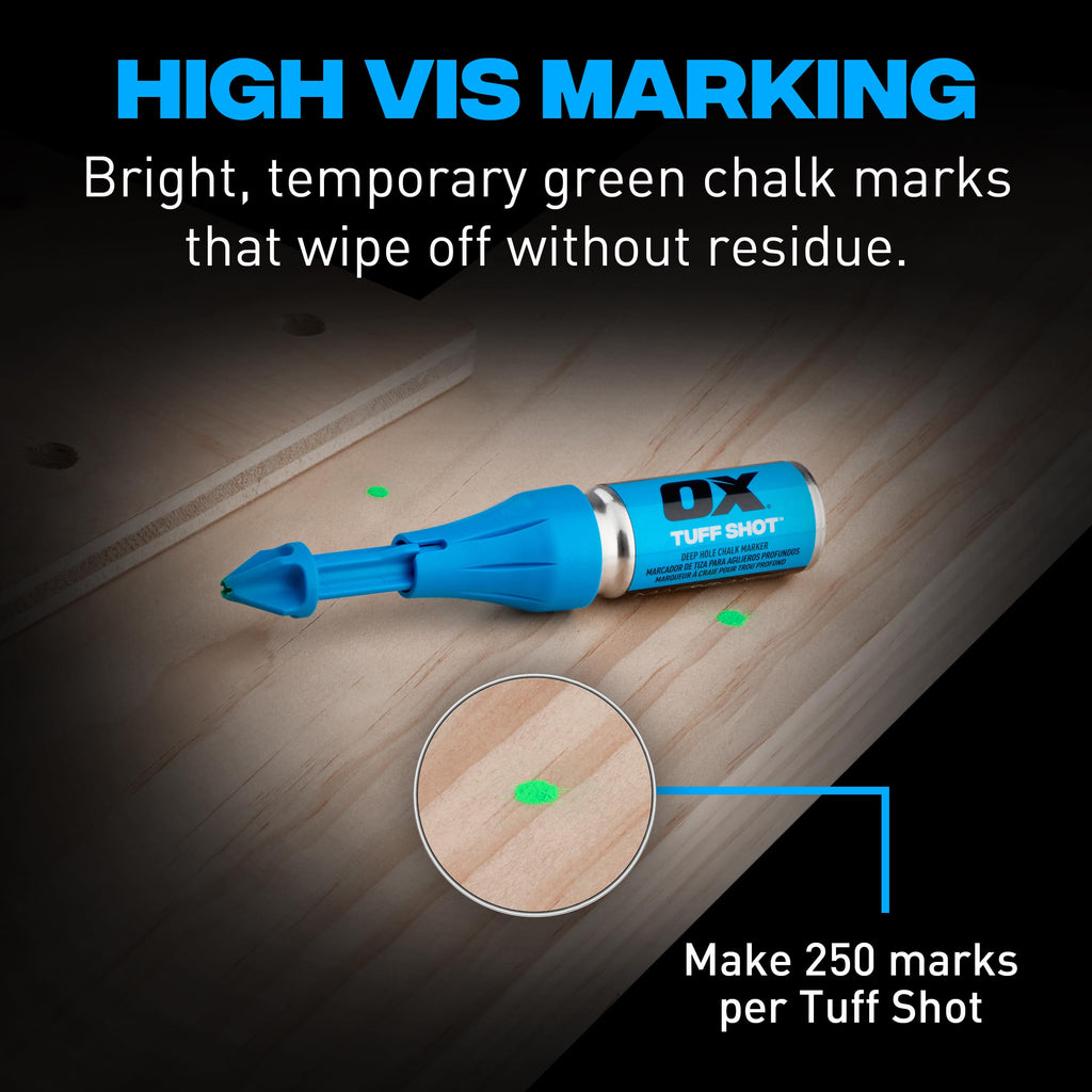 OX Tools 2-Pack Tuff Shot Deep Hole Marker Chalk Powder Shot for Drilling, Construction Marking Tool, Deep Reach Marker, 500 Total Bursts of High-Vis Green Chalk Spray Marking for Carpentry