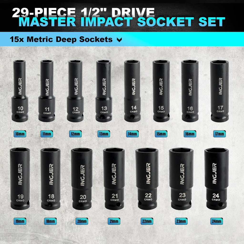 INGJER 1/2" 29PCS Impact Socket Set, Mechanic Tool Set,SAE (3/8"-1") & Metric (10-24mm), Standard & Deep Sockets with Extension Bars. CR-MO Steel, High Torque, Ideal for Truck Bearing Locknut.