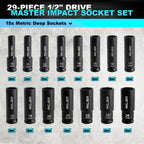 INGJER 1/2" 29PCS Impact Socket Set, Mechanic Tool Set,SAE (3/8"-1") & Metric (10-24mm), Standard & Deep Sockets with Extension Bars. CR-MO Steel, High Torque, Ideal for Truck Bearing Locknut.