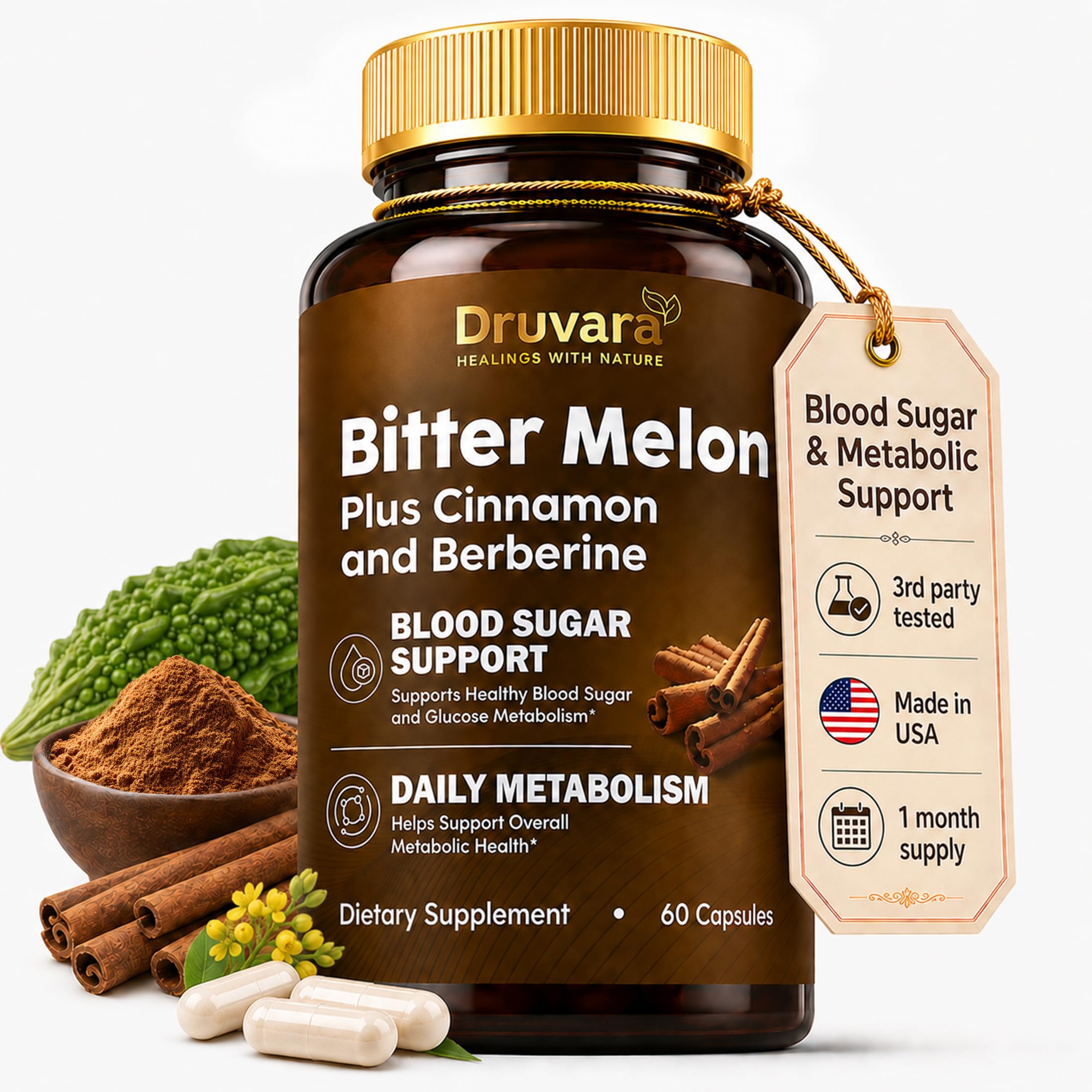 Druvara Bitter Melon Capsules with Berberine & Cinnamon, Sugar Balance, Metabolic Health & Steady Energy, with Extra Strength Bitter Melon Extract, Clean Formula, 60 Capsules