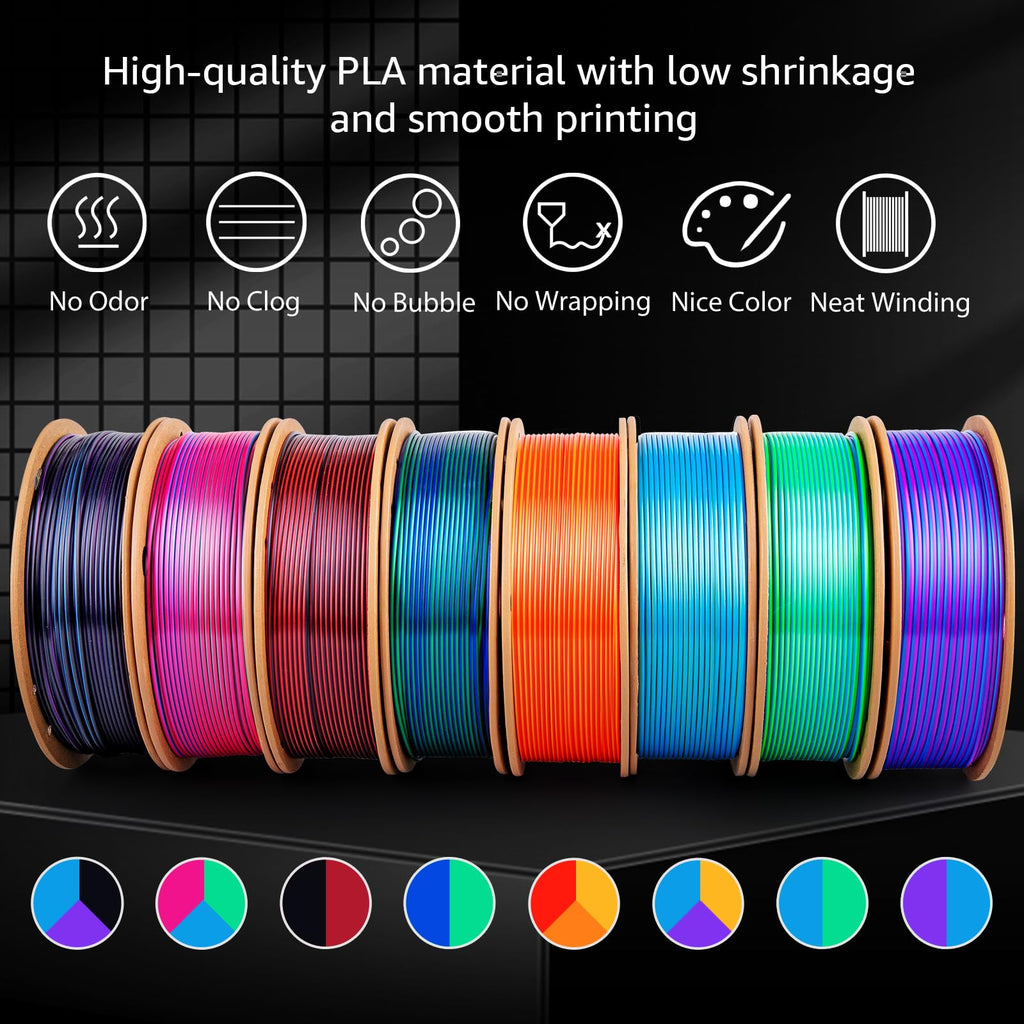 dikale Silk 3D Printing Filament PLA+ Multicolor 8 Packs- 4 Dual Colors Spools & 4 Tricolor Spools - 1.75mm 3D Printing PLA Pro 250g x 8 Bundles