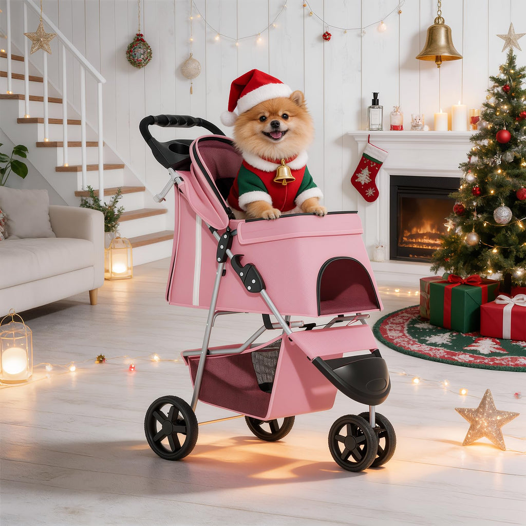 MoNiBloom 3-Wheels Foldable Pet Stroller with Waterproof Cover, Pet Strolling Cart for Small/Medium Dogs and Cats with Storage Basket and Cup Holder, Breathable and Visible Mesh for All-Season, Pink