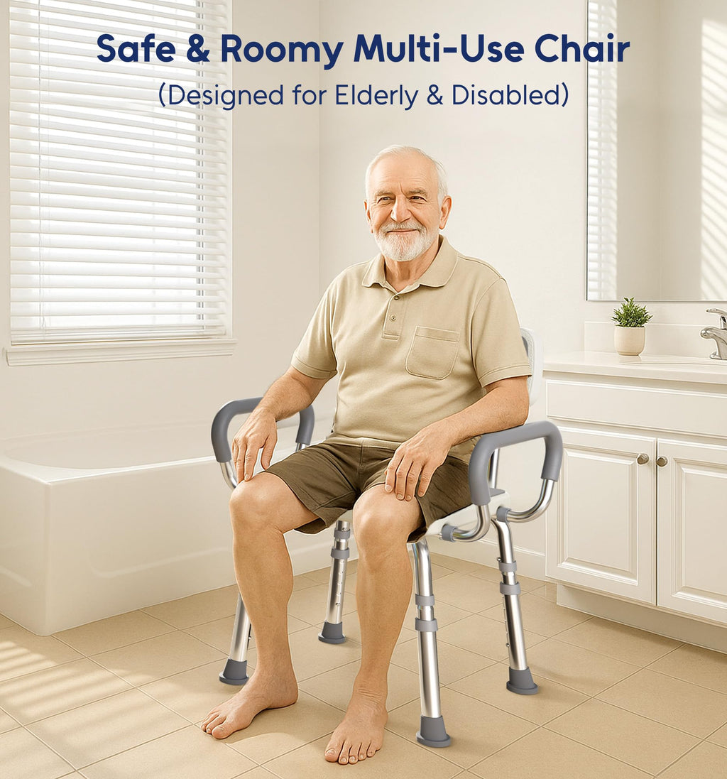 Bluelog Shower Chair for Inside Shower with Arms and Back, 500lbs Capacity Height Adjustable Shower Seat with Thickened Frame for Seniors, Elderly and Disabled